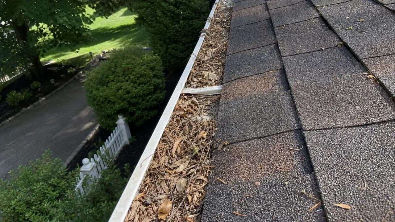 Representative before image of a clogged gutter before service