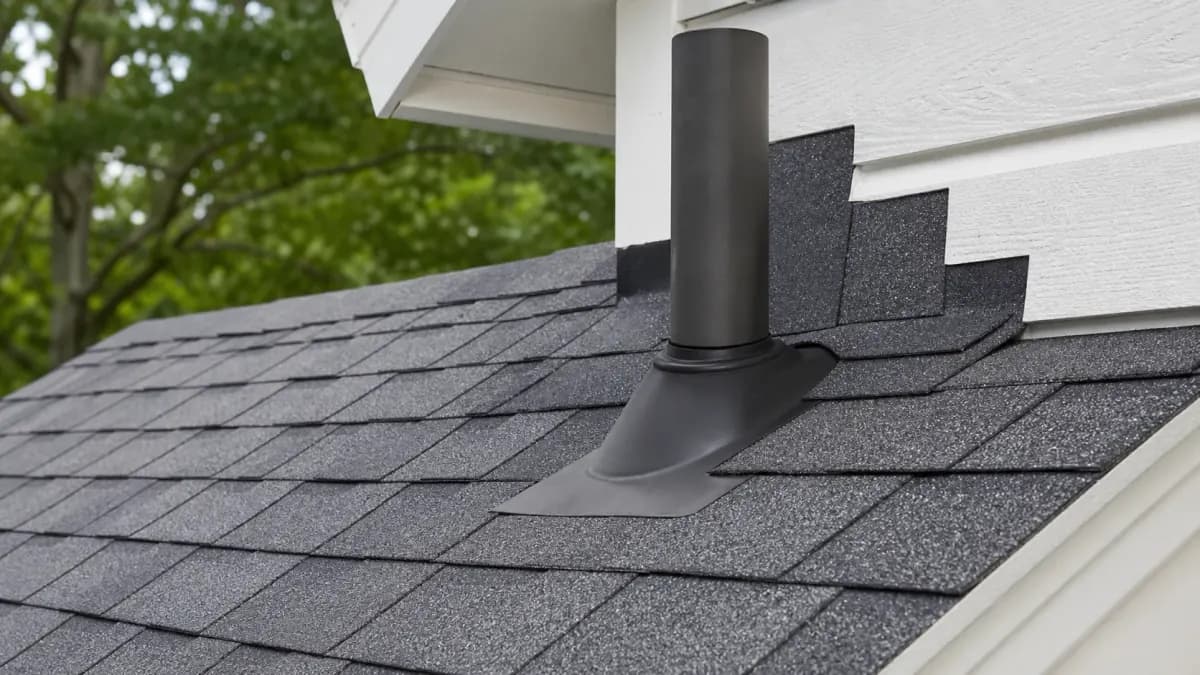 Close-up of a residential asphalt shingle roof with a pipe vent boot and flashing properly sealed against the siding